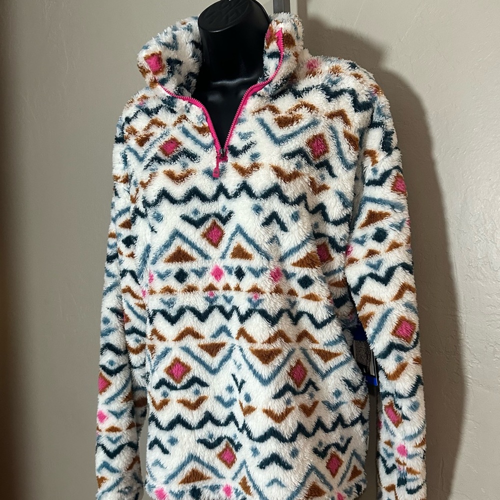 NWT Cozy & Comfy Women's Eddie Bauer White & Multicolor Plush 1/4 Zip Pullover